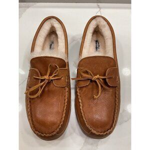 New Lands' End Men's Tan Leather and Shearling Lined Slipper Moccasins 12 Indoor